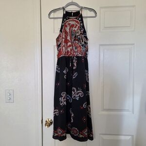 LOFT Black Midi Halter Dress with Red and White Paisley